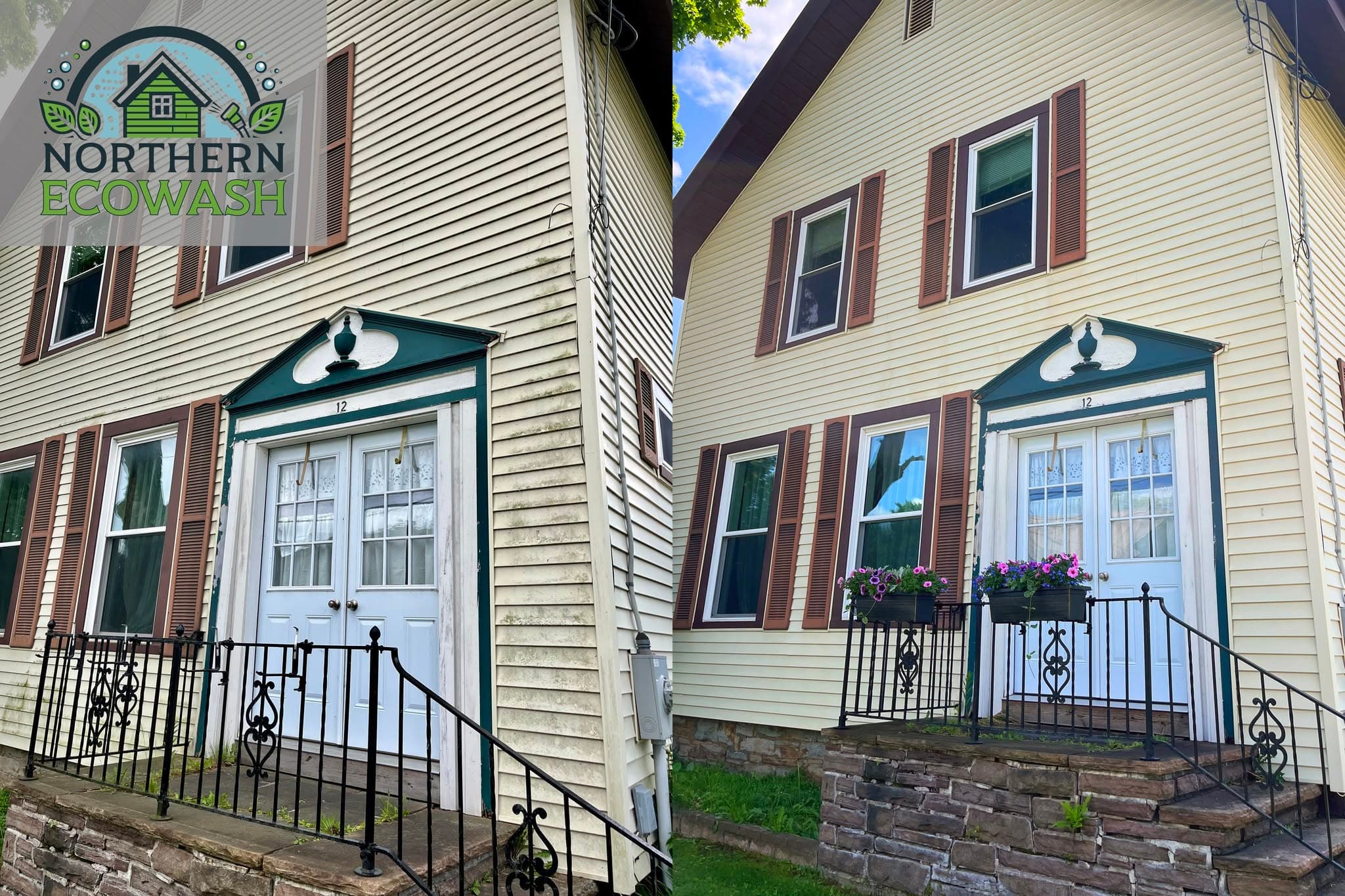Cream clapboard siding before and after a soft wash, with mildew staining removed