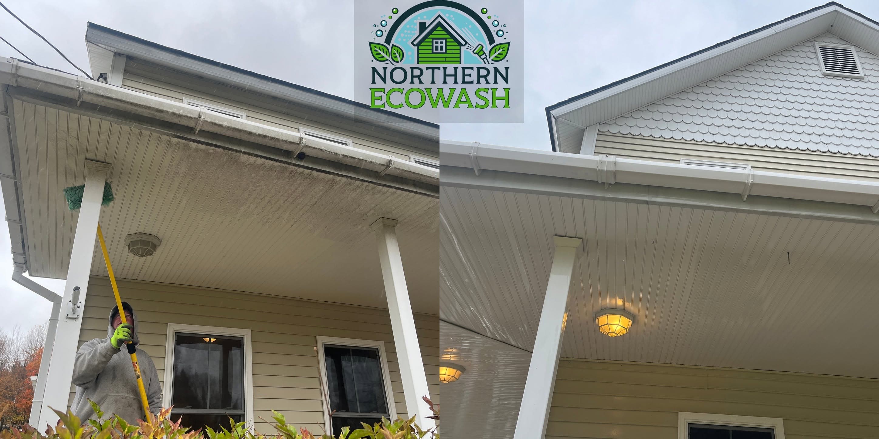 Soffit and gutters before and after cleaning: heavy algae staining removed, leaving clean white trim